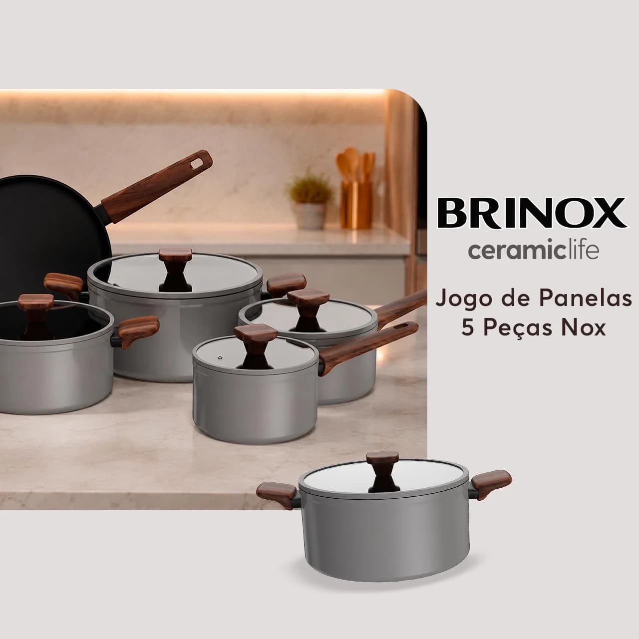Conjunto de Panelas Brinox Ceramic Life Nox 5 Peças Cinza