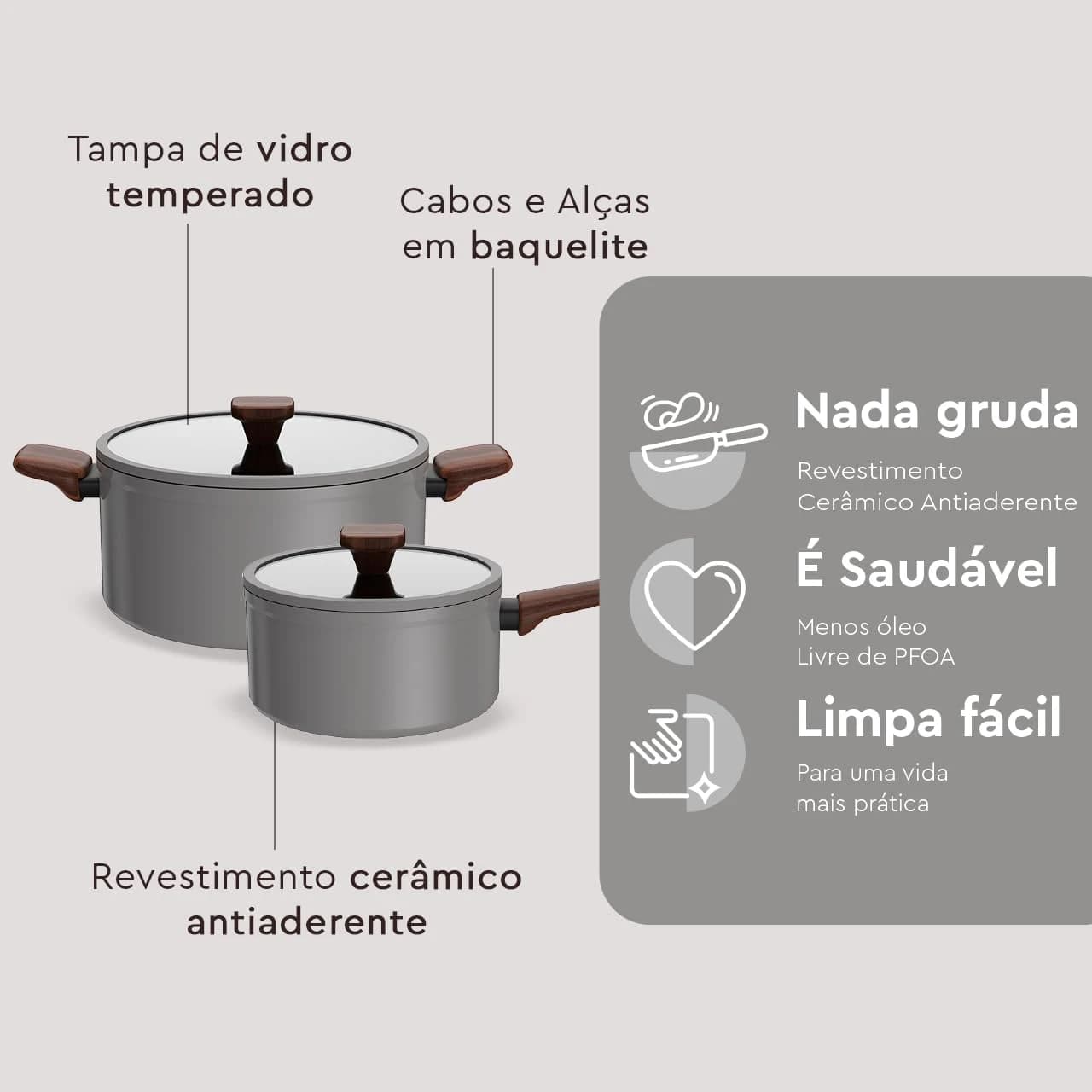 Conjunto de Panelas Brinox Ceramic Life Nox 5 Peças Cinza
