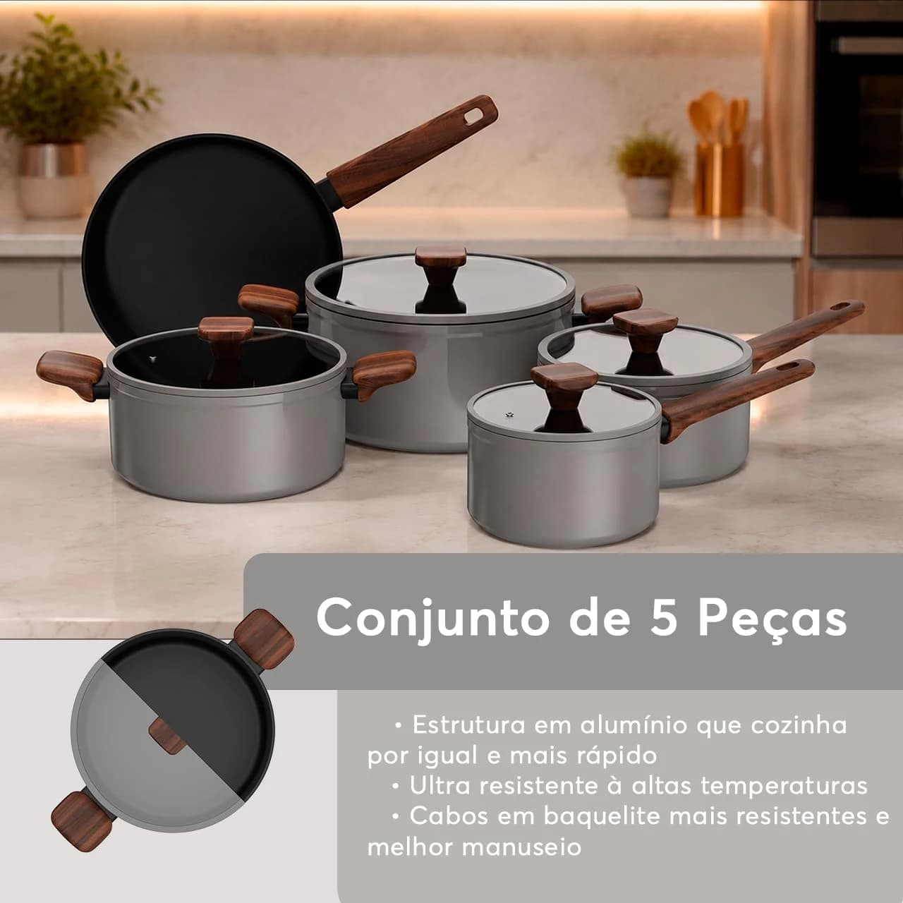 Conjunto de Panelas Brinox Ceramic Life Nox 5 Peças Cinza