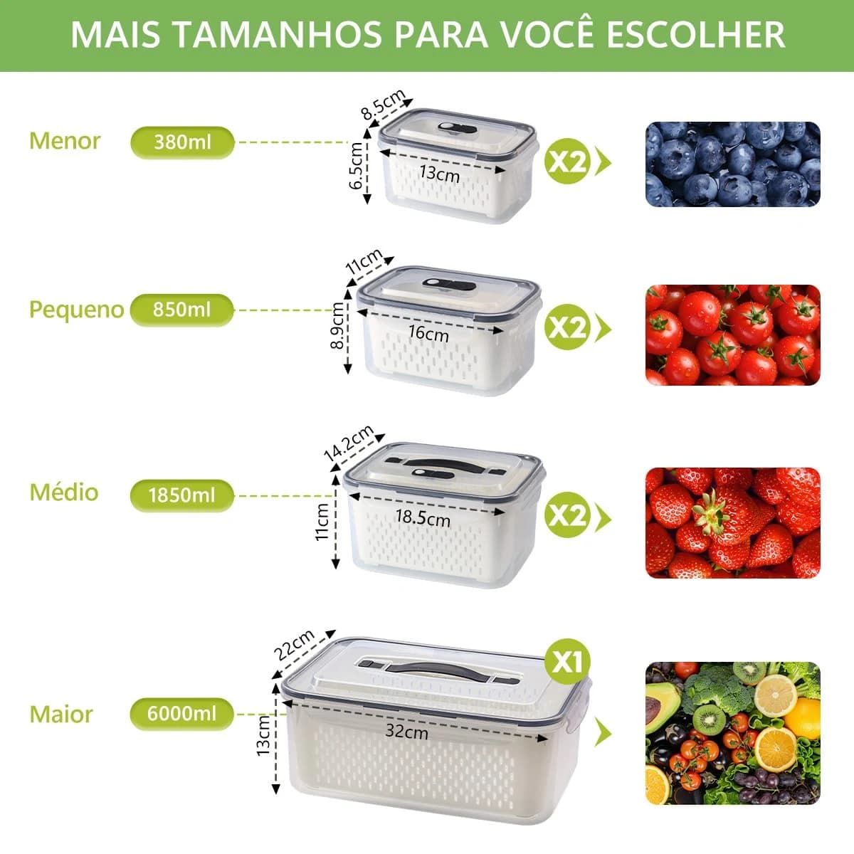 Recipientes Organizadores de Geladeira com Escorredor Removível – Potes