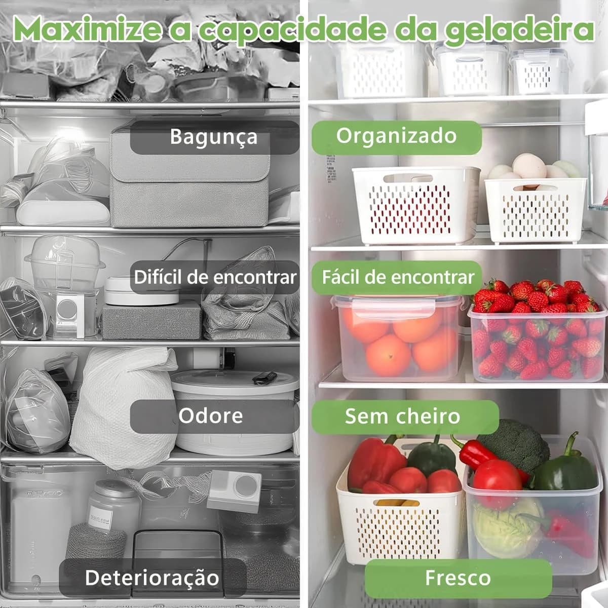 Recipientes Organizadores de Geladeira com Escorredor Removível – Potes