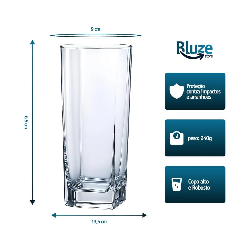 Jogo de 6 Copos de Vidro Texas 315 ml Design Quadrado Elegante e