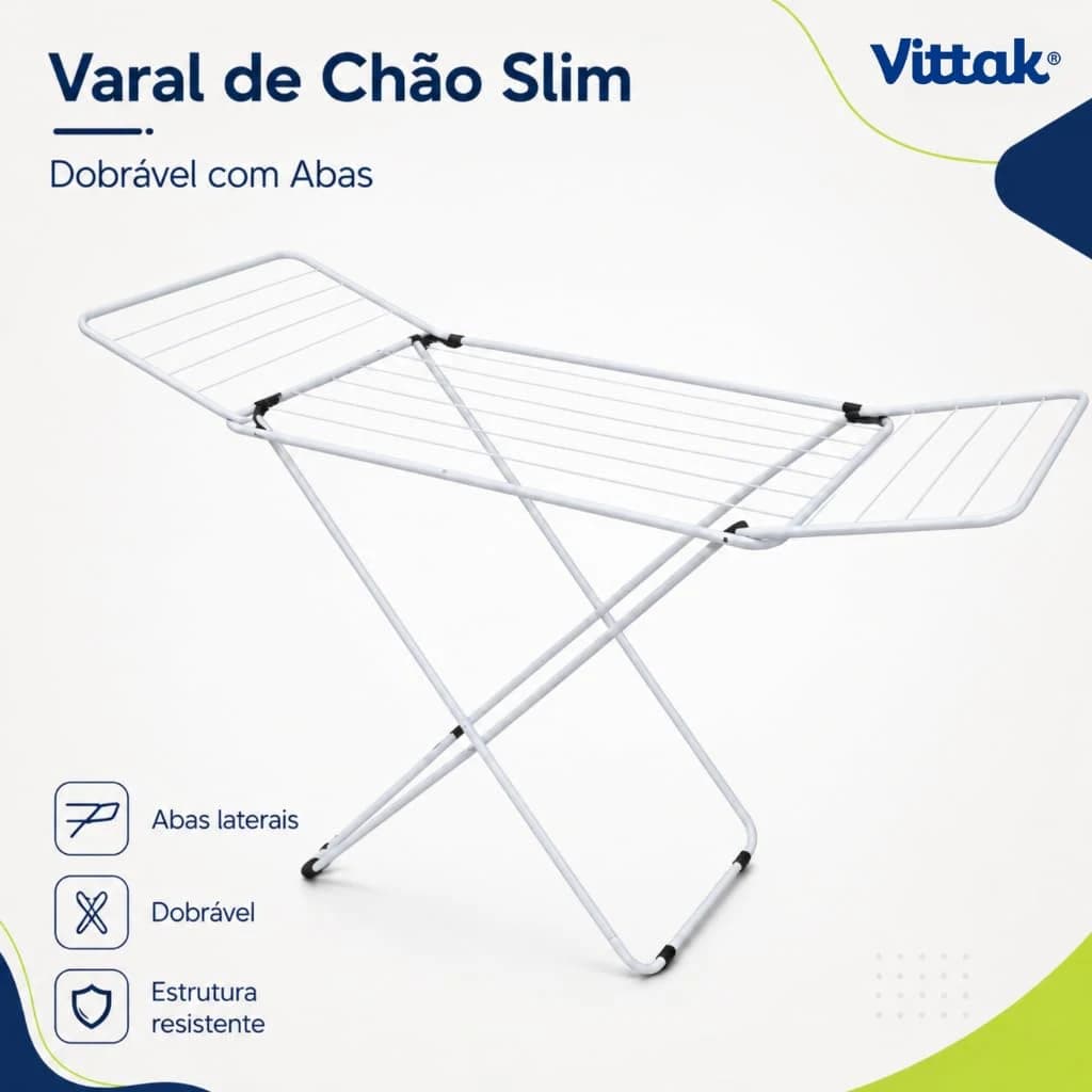 Vittak Varal de Chão Dobrável Slim Branco Com Abas Laterais Resistente