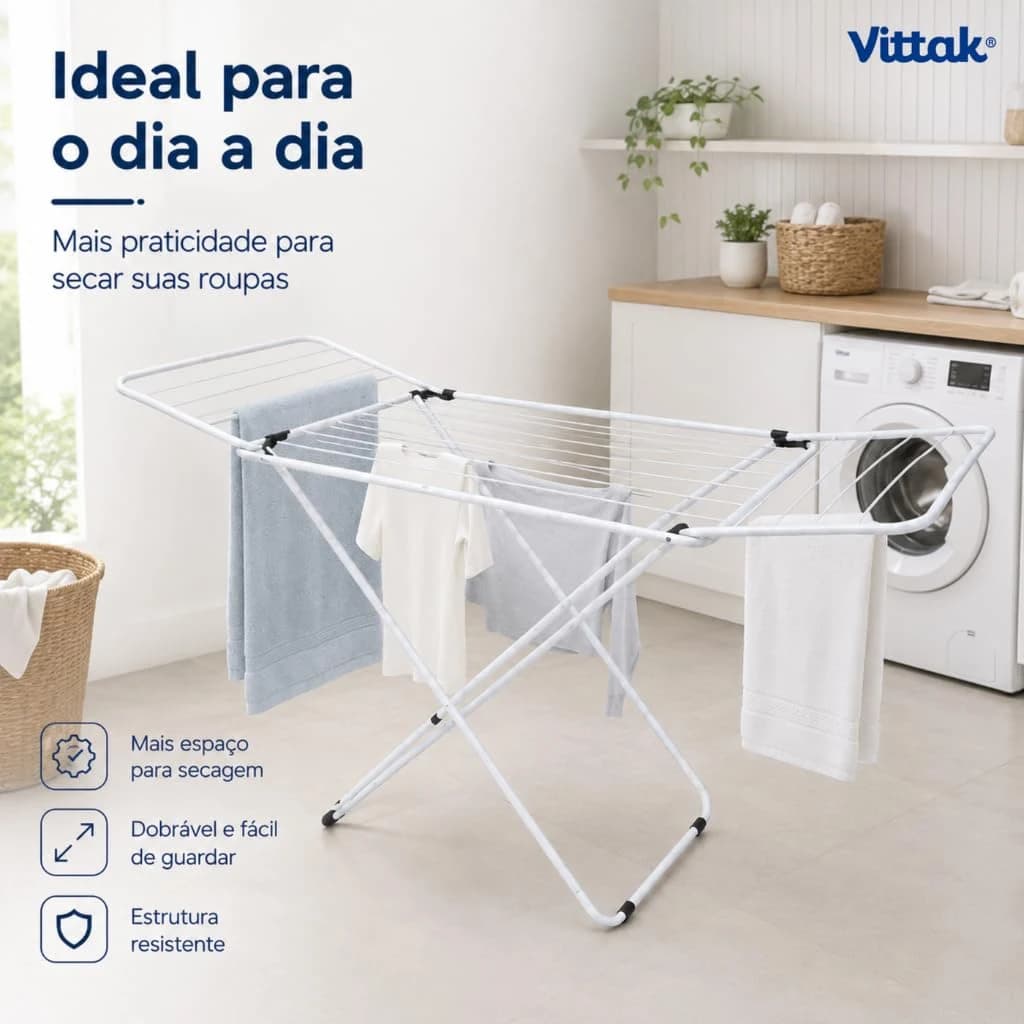 Vittak Varal de Chão Dobrável Slim Branco Com Abas Laterais Resistente