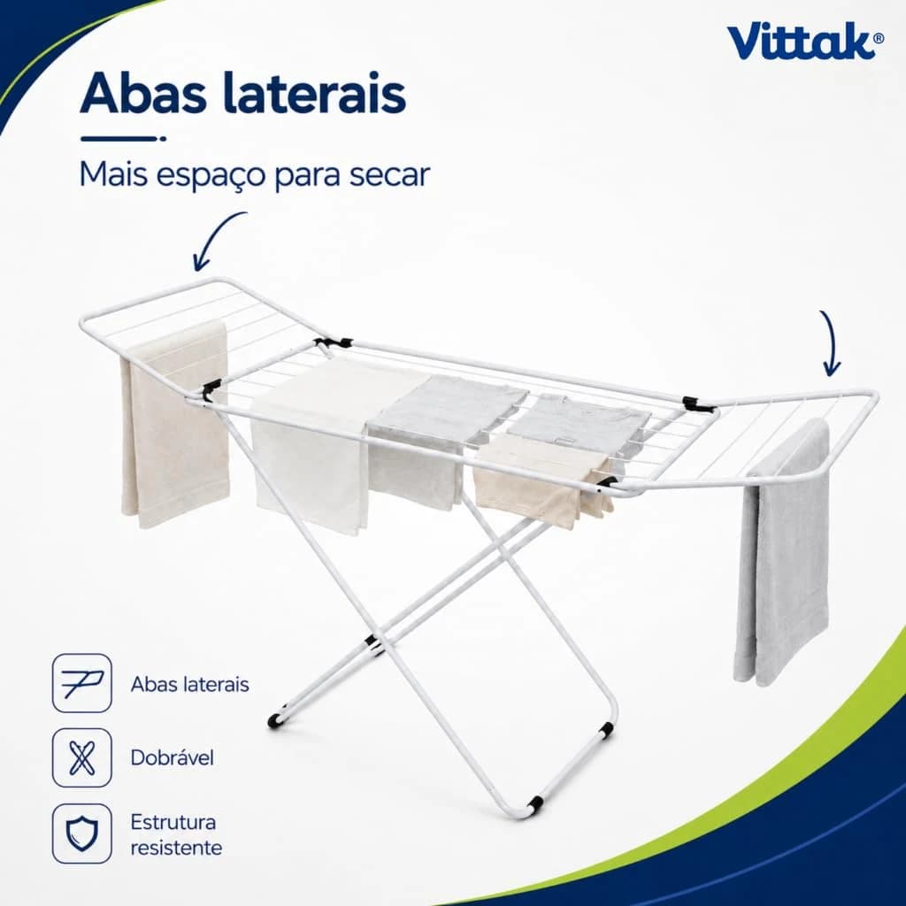 Vittak Varal de Chão Dobrável Slim Branco Com Abas Laterais Resistente