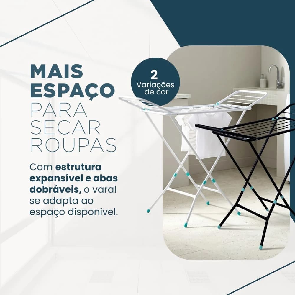 Varal de Chão Dobrável em Aço com Abas Retrátil Suporta 30kg Branco
