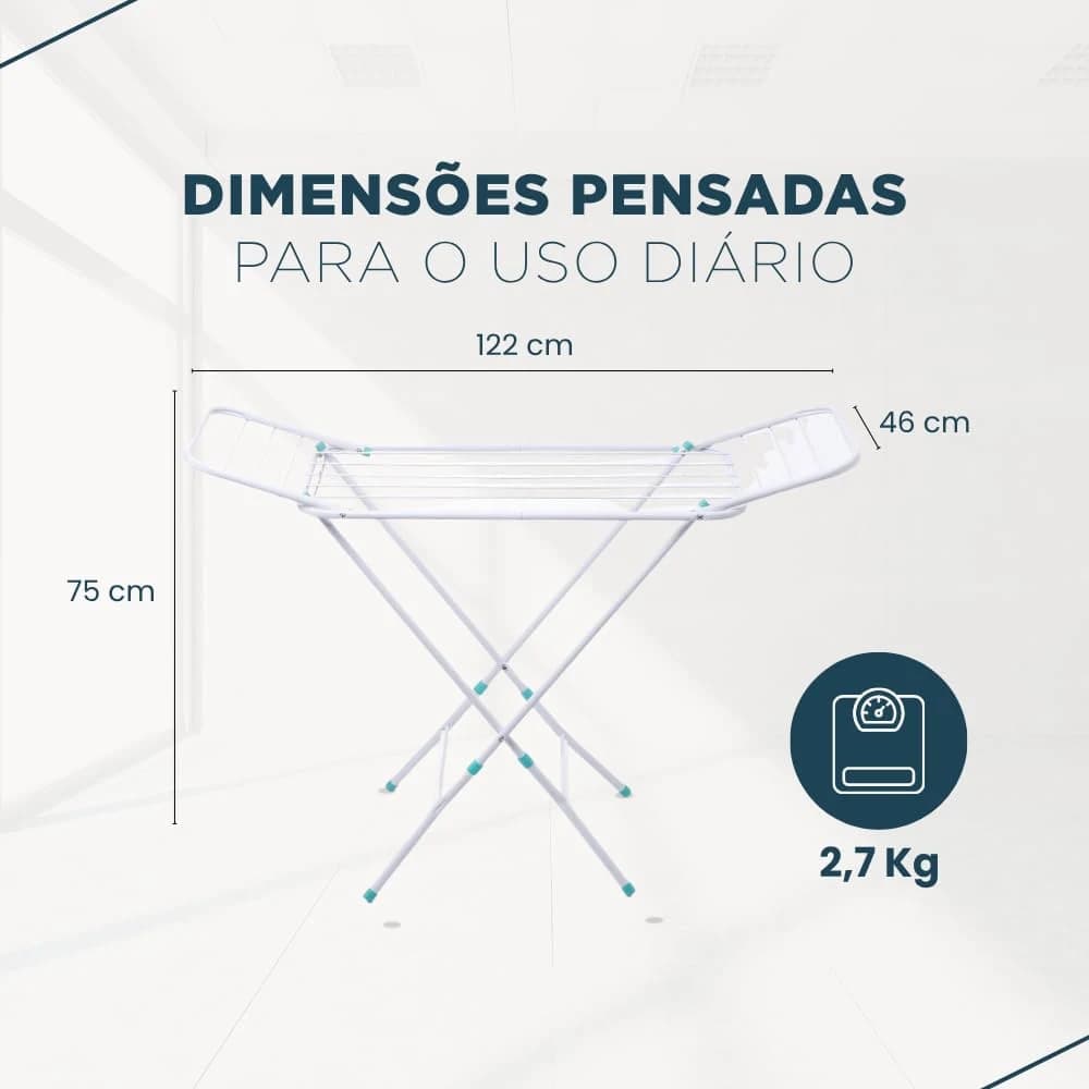 Varal de Chão Dobrável em Aço com Abas Retrátil Suporta 30kg Branco