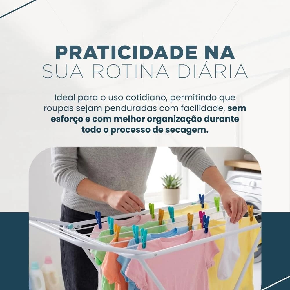 Varal de Chão Dobrável em Aço com Abas Retrátil Suporta 30kg Branco