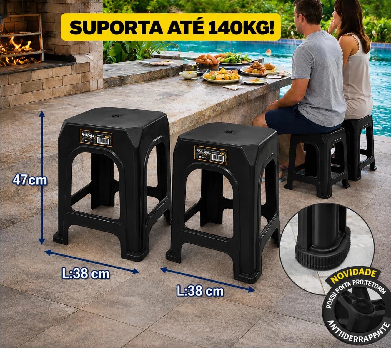 Kit 02 Banqueta Plástico Banco Resistente Suporta até 140 Kg Preta