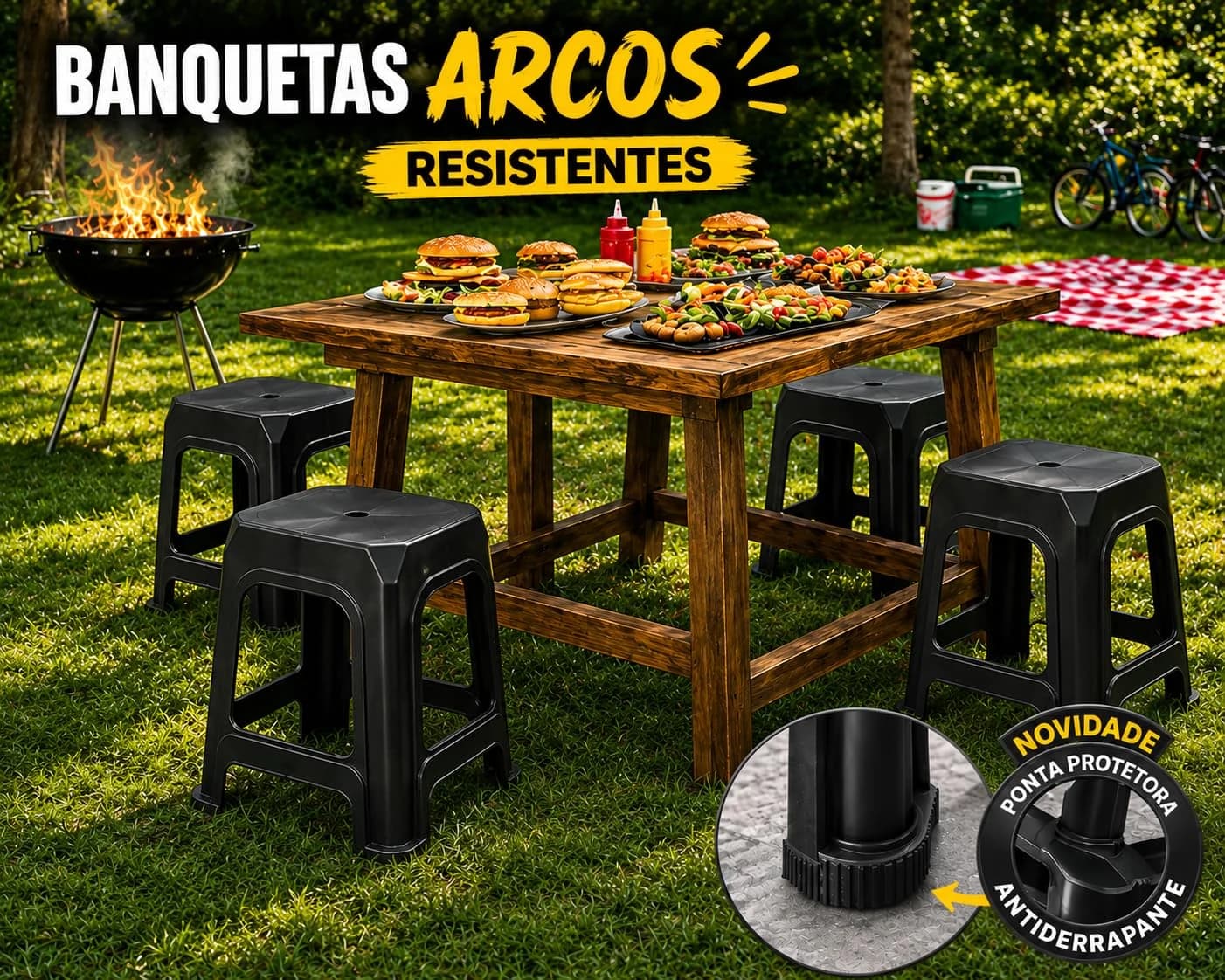 Kit 02 Banqueta Plástico Banco Resistente Suporta até 140 Kg Preta
