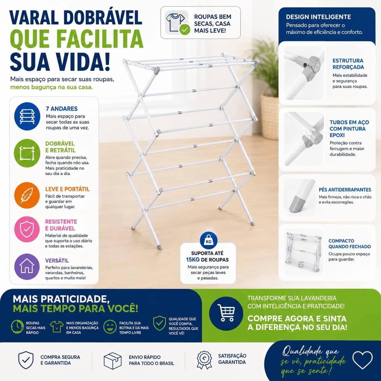 Varal De Chão Dobrável Com Andares Portátil Resistente Para Roupas