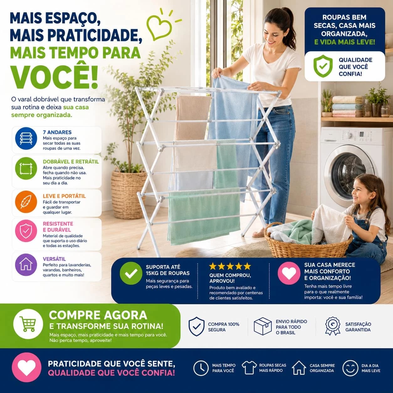 Varal De Chão Dobrável Com Andares Portátil Resistente Para Roupas