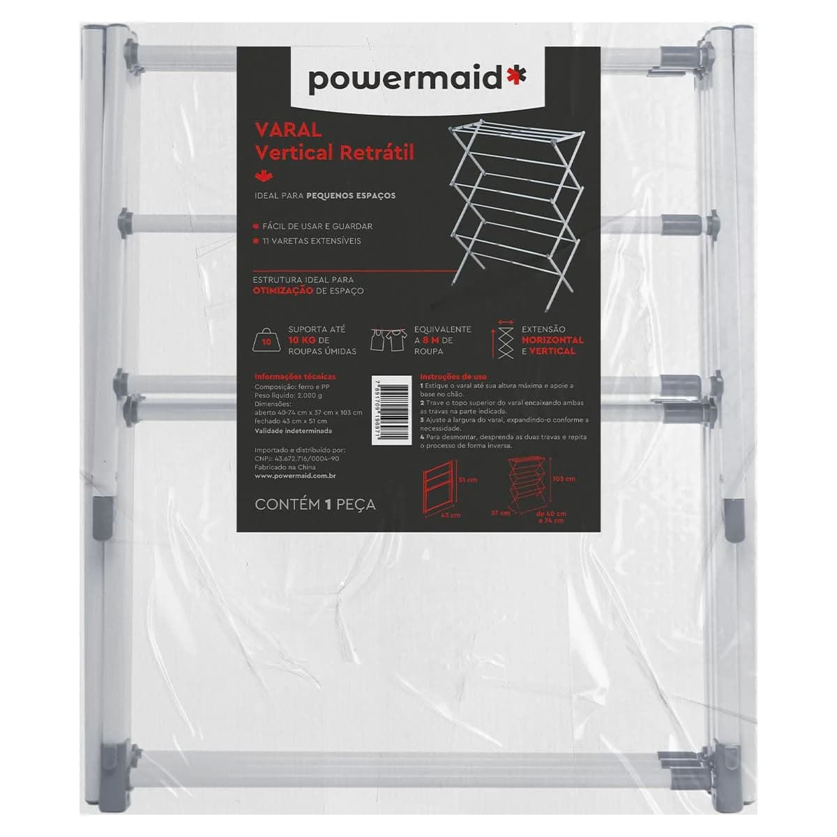 Powermaid Varal de Chão Retrátil com Base Antiderrapante - 103cm de