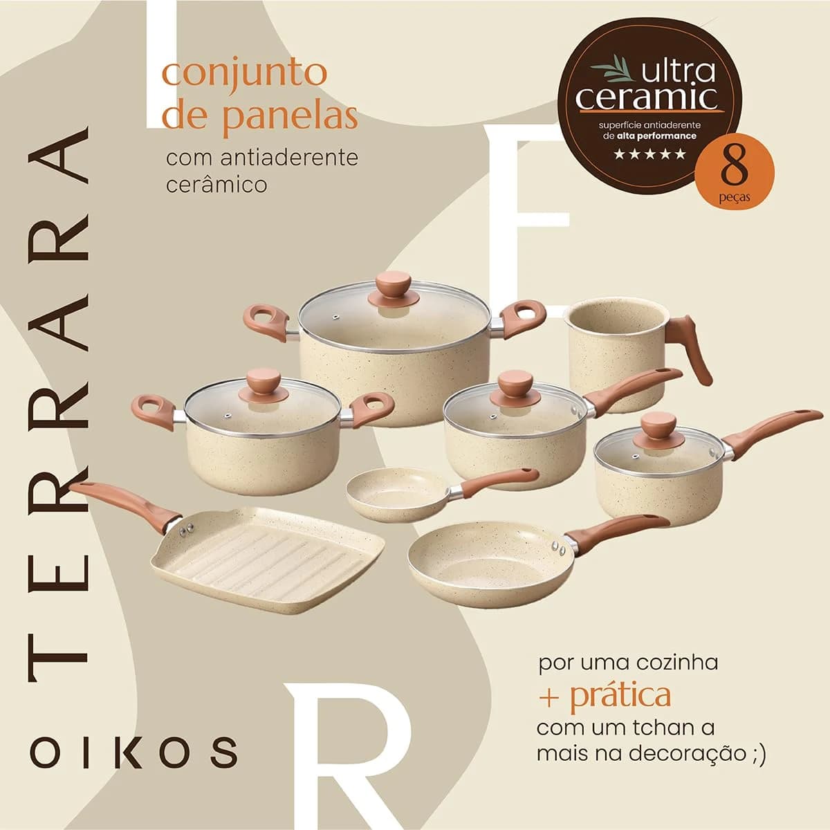 Oikos - Jogo com 8 Panelas Antiaderentes de Revestimento Cerâmica com
