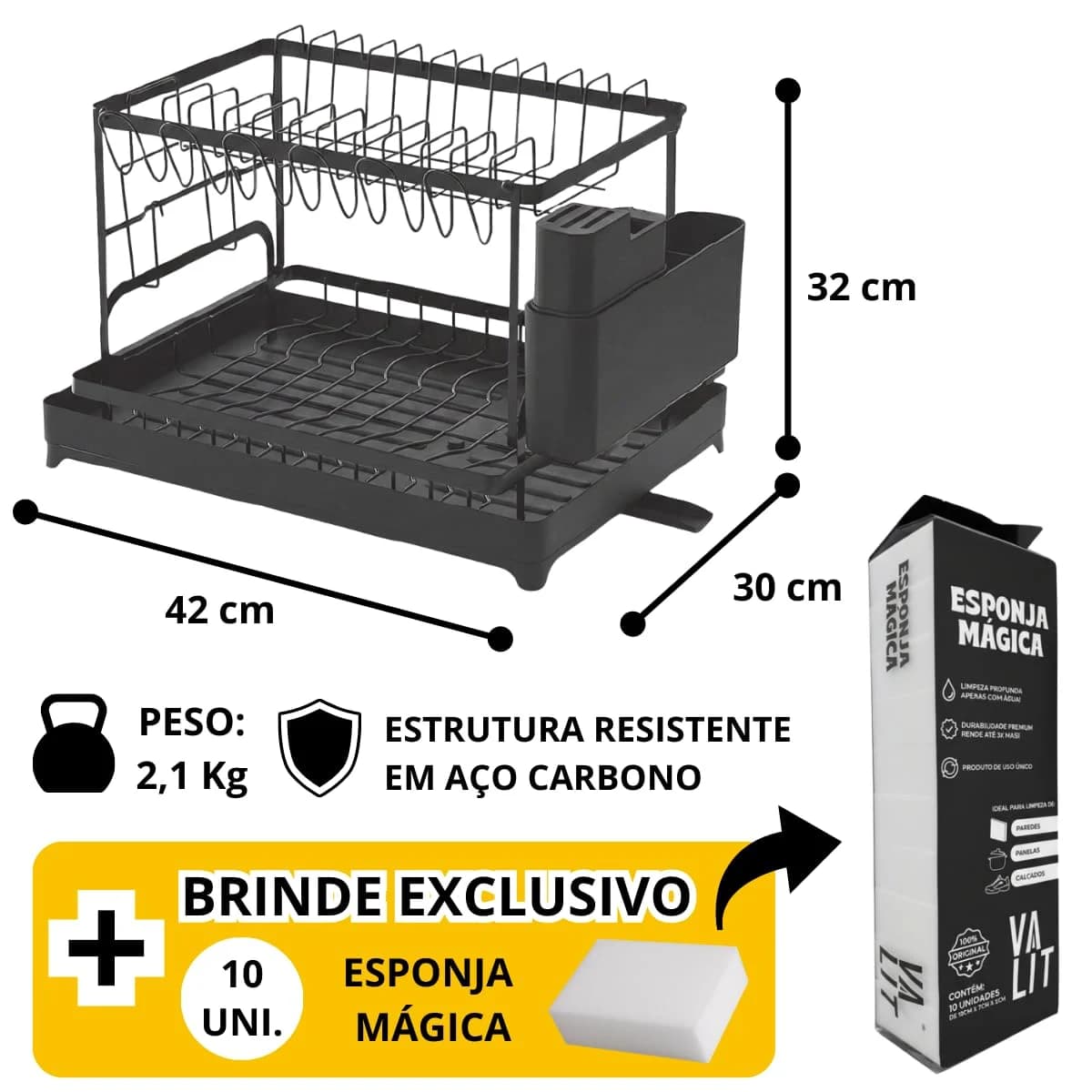Escorredor De Louça Com Porta Pratos Talheres Tábua Copos Aço Preto