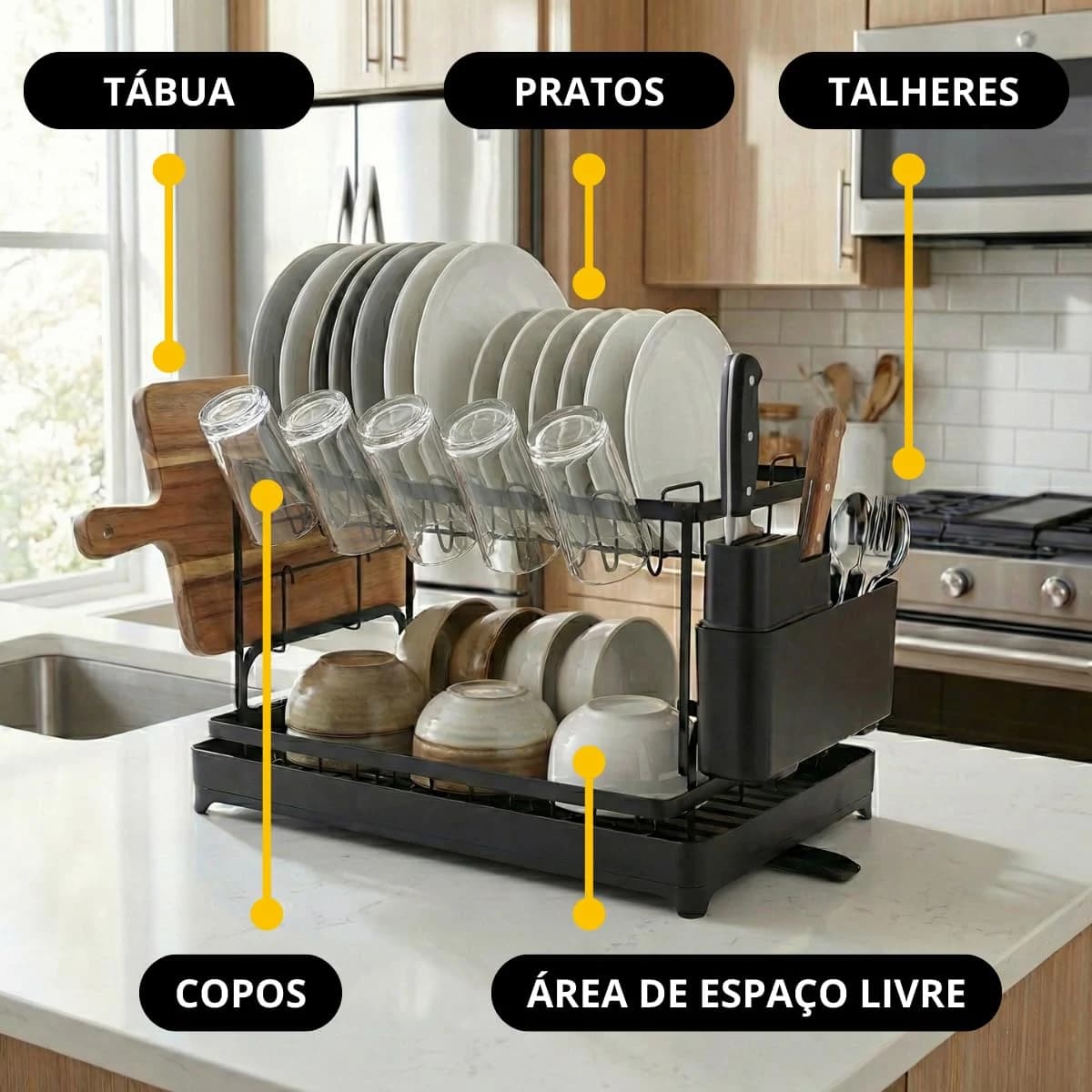 Escorredor De Louça Com Porta Pratos Talheres Tábua Copos Aço Preto