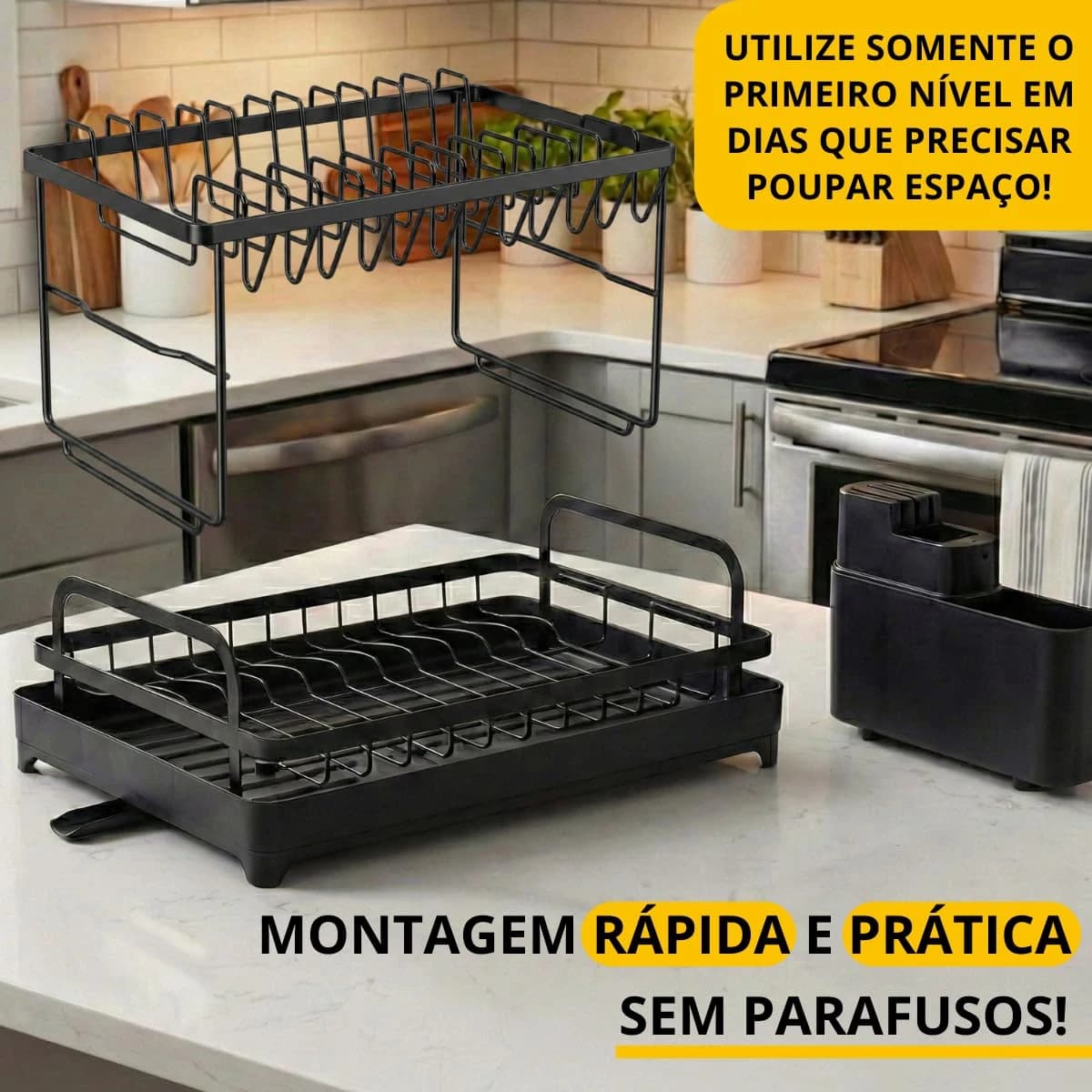 Escorredor De Louça Com Porta Pratos Talheres Tábua Copos Aço Preto