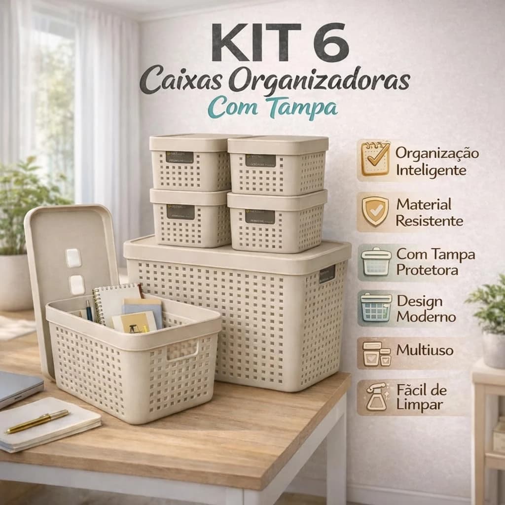 Kit 6 Caixas Organizadoras com Tampa 2L 4,5L 17L Plástico Resistente