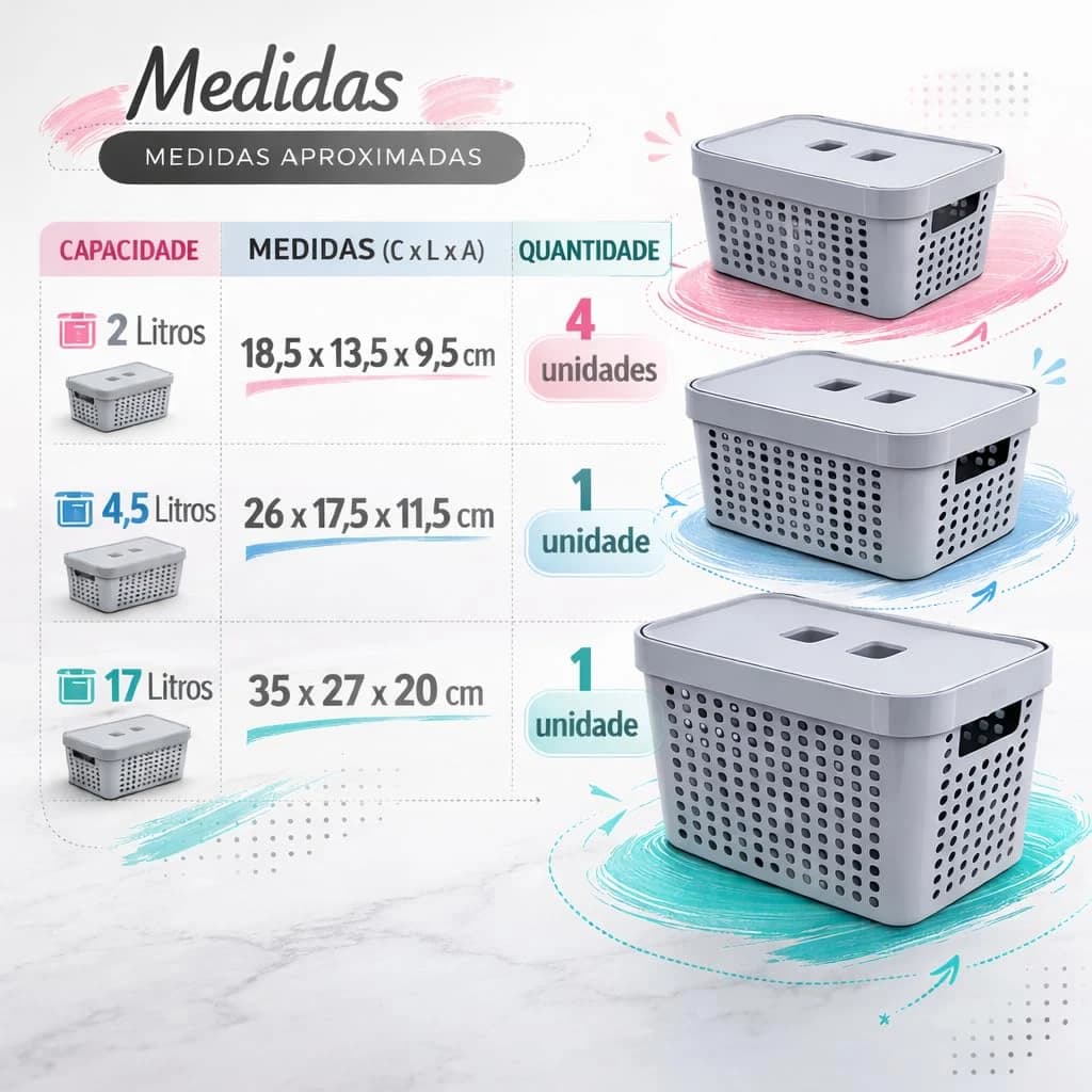 Kit 6 Caixas Organizadoras com Tampa 2L 4,5L 17L Plástico Resistente