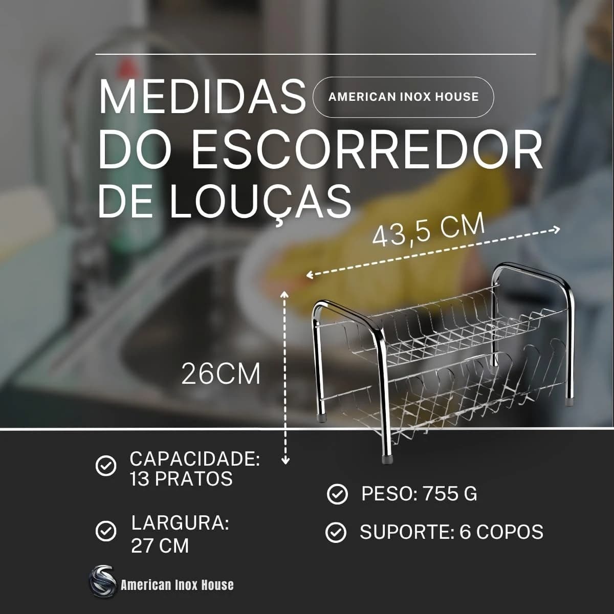 Escorredor de Louças Cromado 13 Pratos com Suporte para Copos