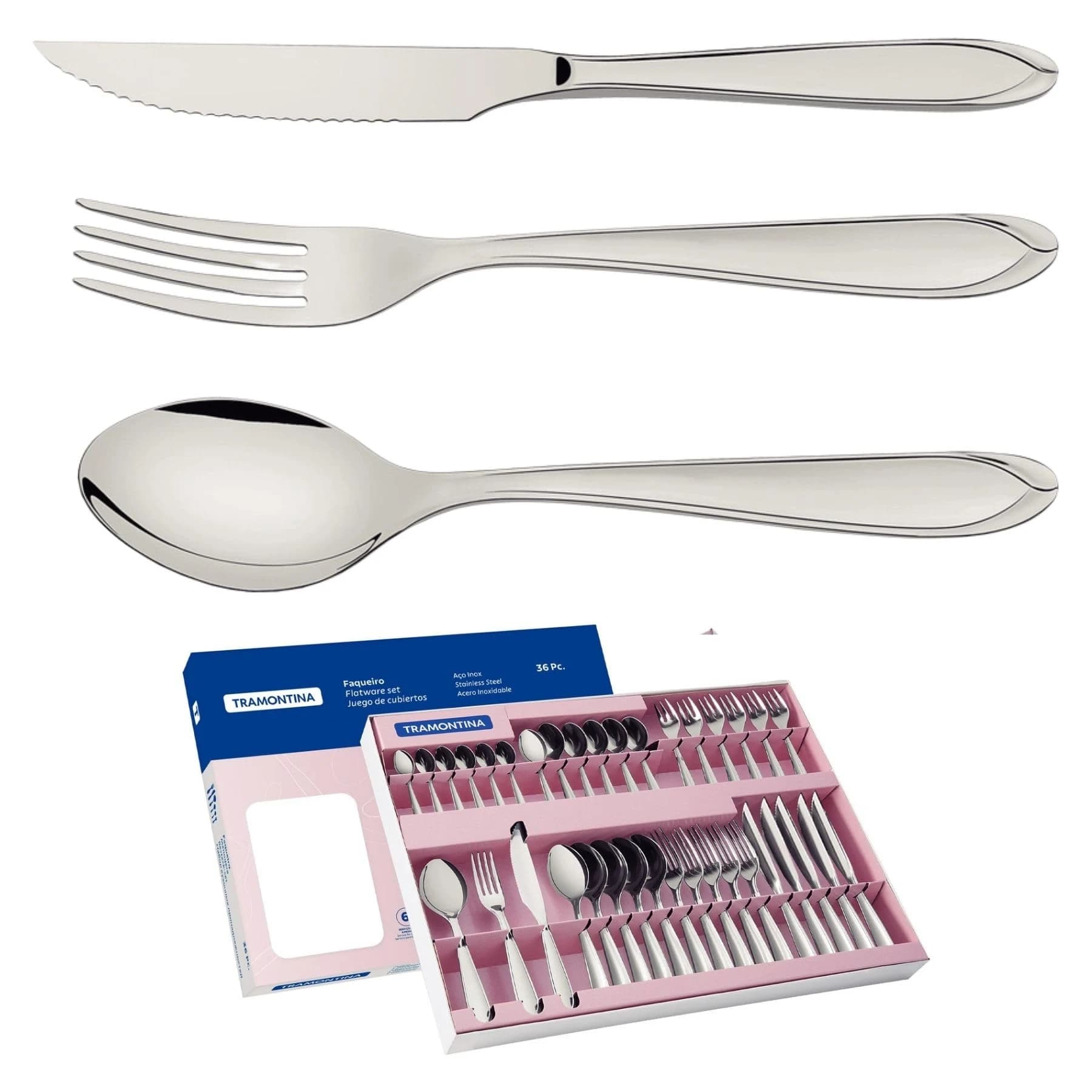 Faqueiro Aço Inox com Faca para Churrasco com 36 Peças Tramontina Laguna